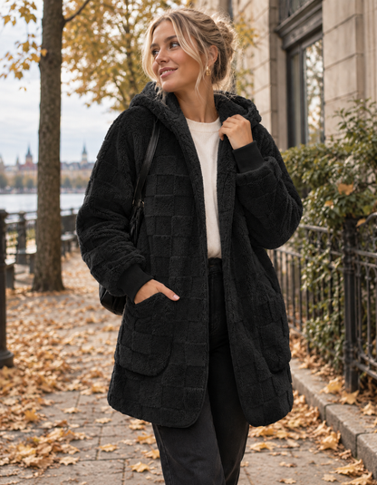 Elina Mjuk Rutig Kofta med Huva